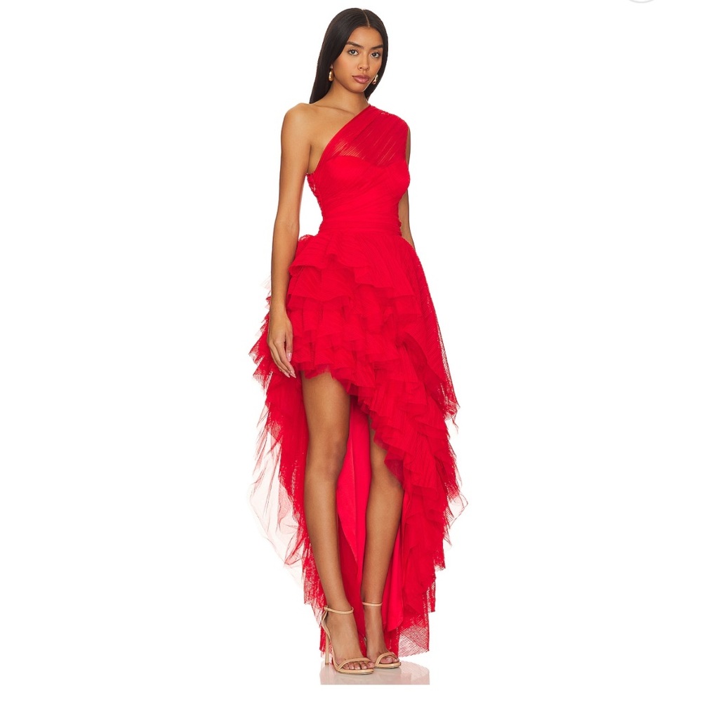 MAJORELLE One-Shoulder Red Ruffled High-Low Maxi Dress
